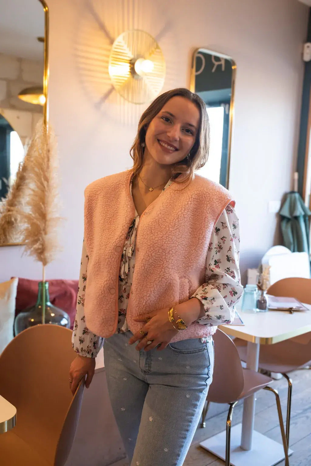 Gilet moumoute Elise rose poudré