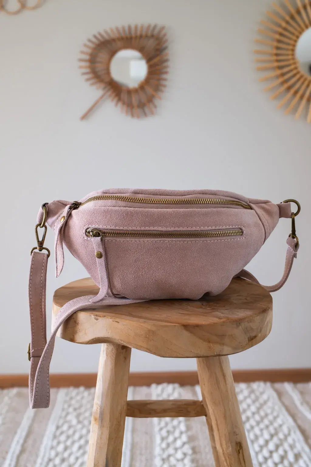 Sac banane en cuir velours - Hunter rose pâle