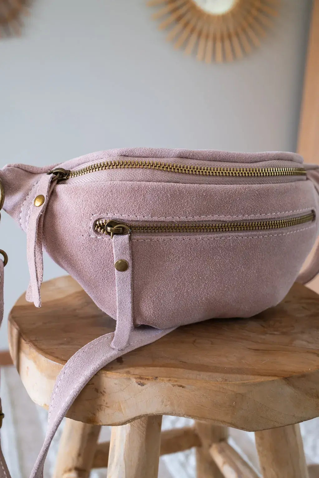 Sac banane en cuir velours - Hunter rose pâle
