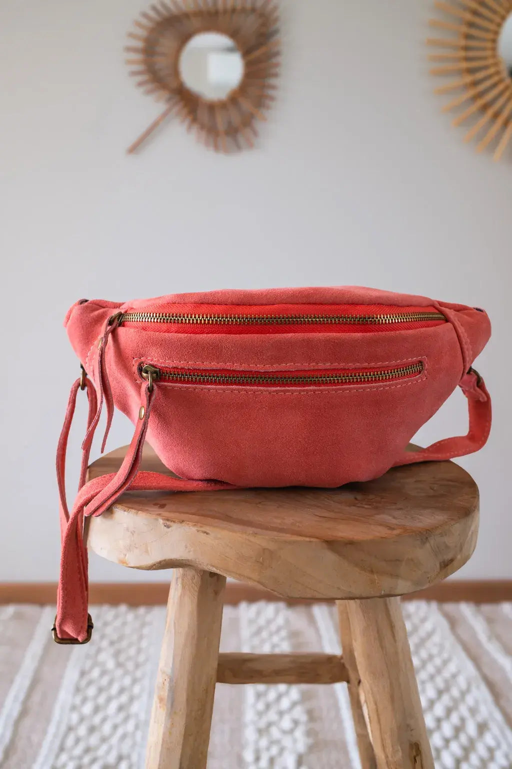 Sac banane en cuir velours - Hunter corail