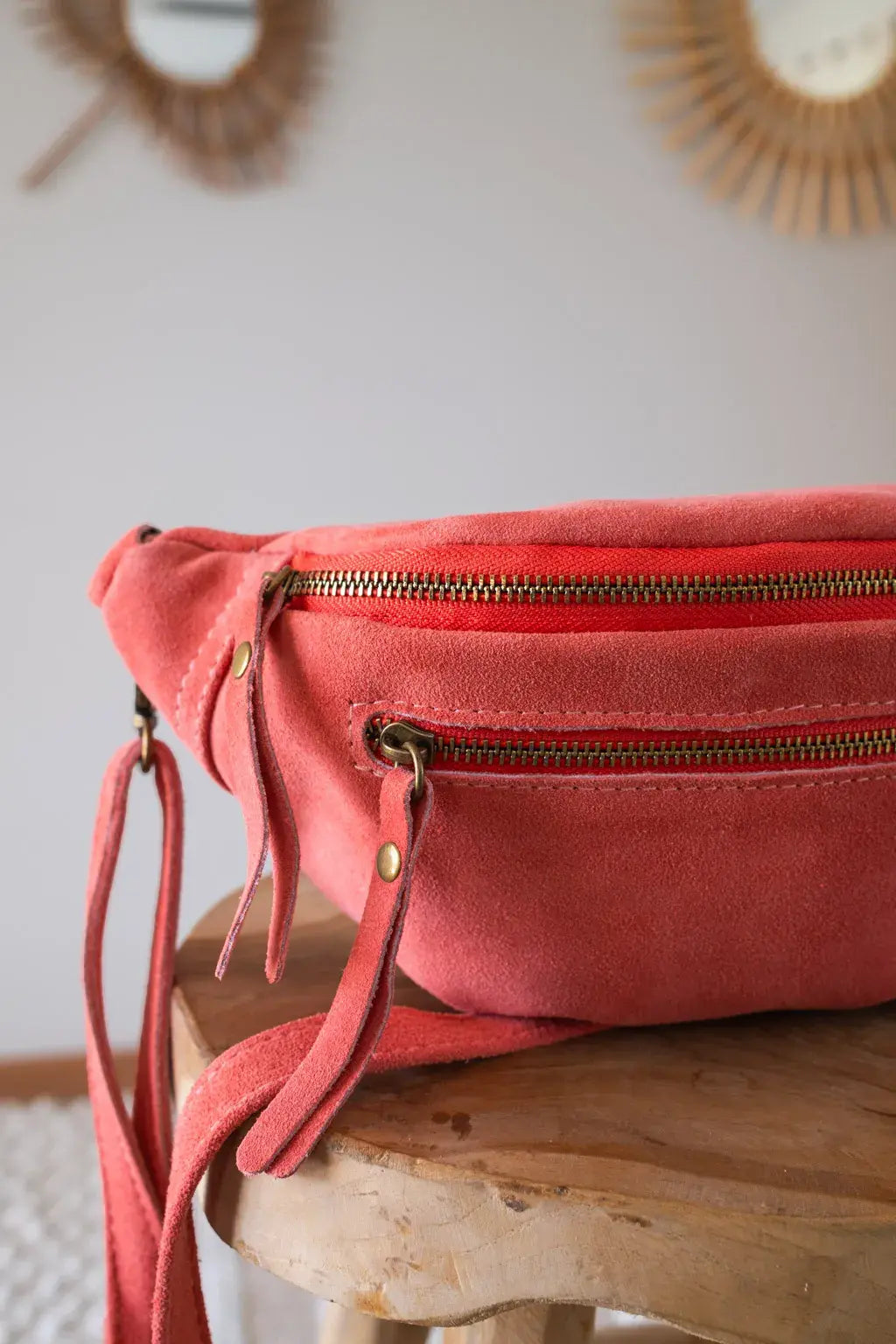 Sac banane en cuir velours - Hunter corail