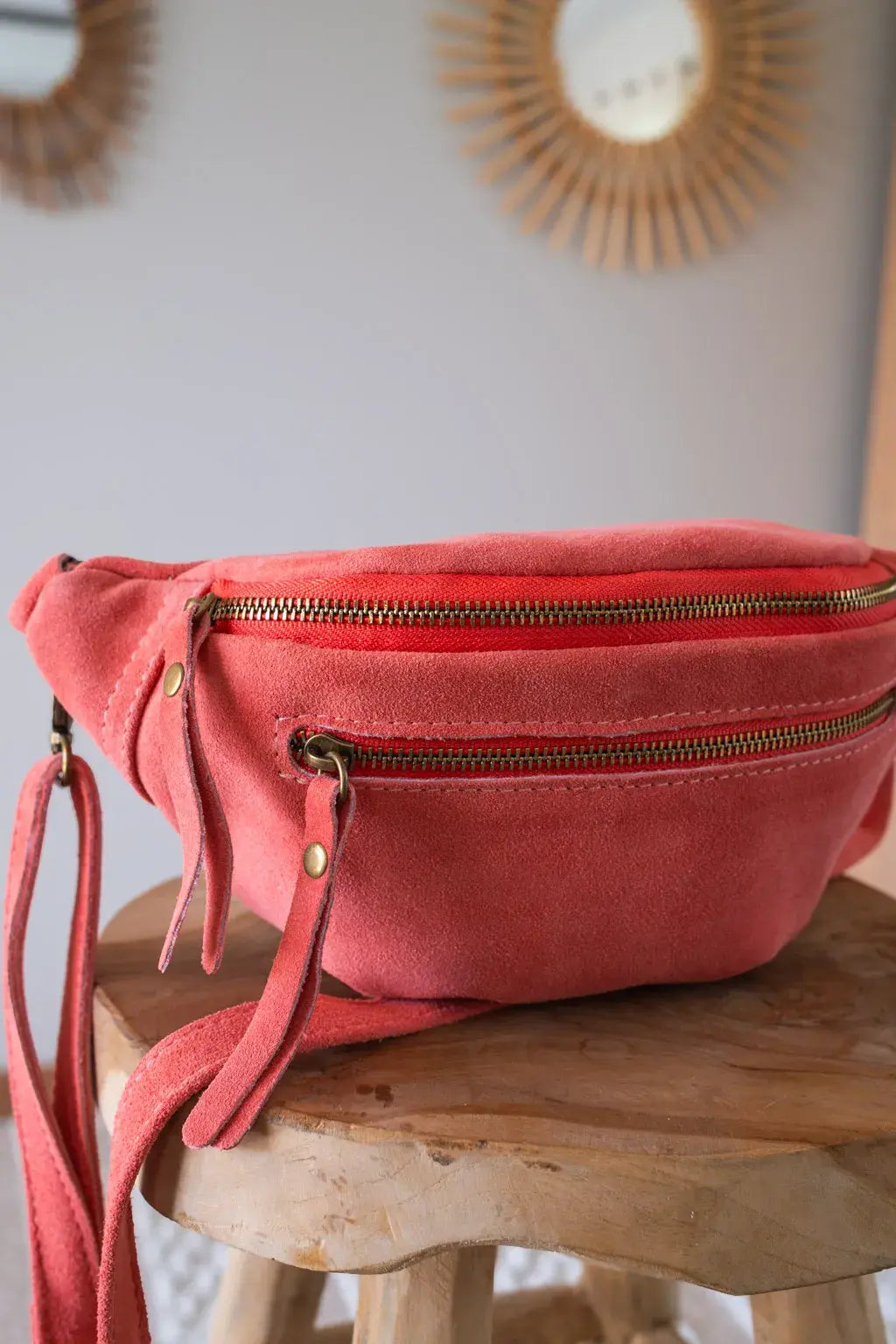 Sac banane en cuir velours - Hunter corail