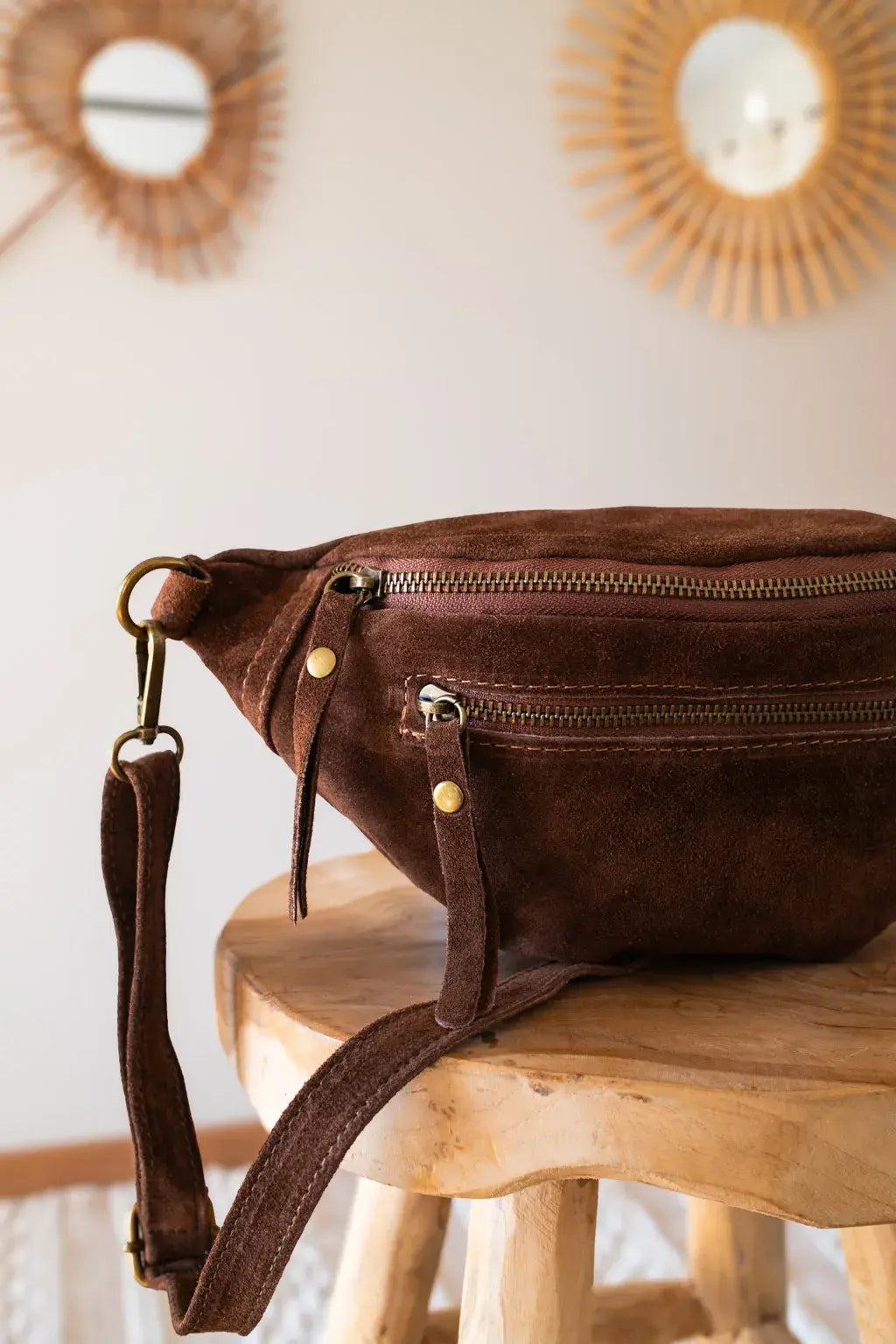 Sac banane en cuir velours - Hunter marron
