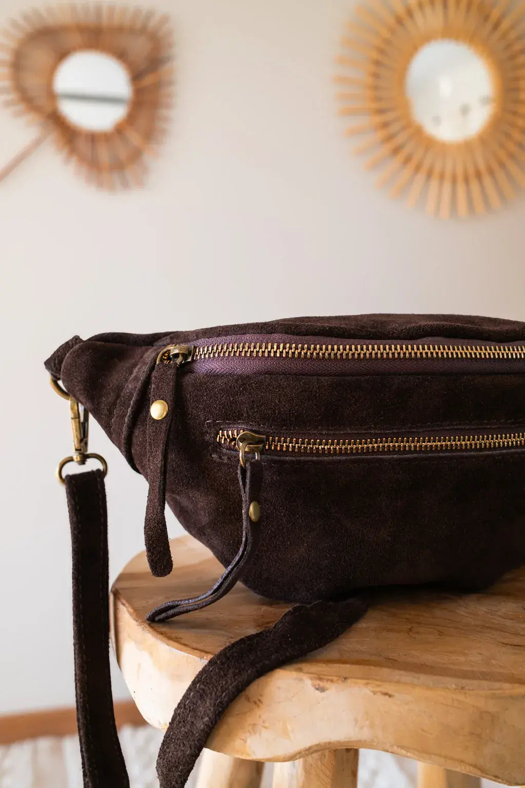 Sac banane en cuir velours - Hunter chocolat