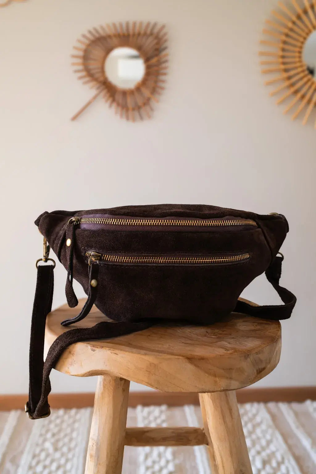 Sac banane en cuir velours - Hunter chocolat