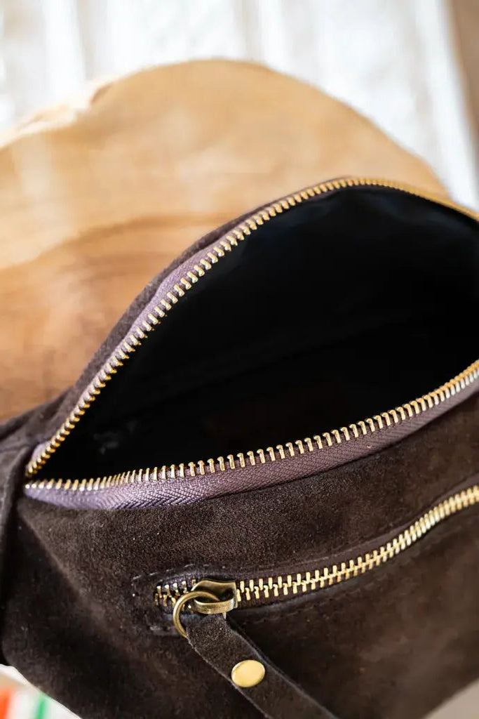 Sac banane en cuir velours - Hunter chocolat