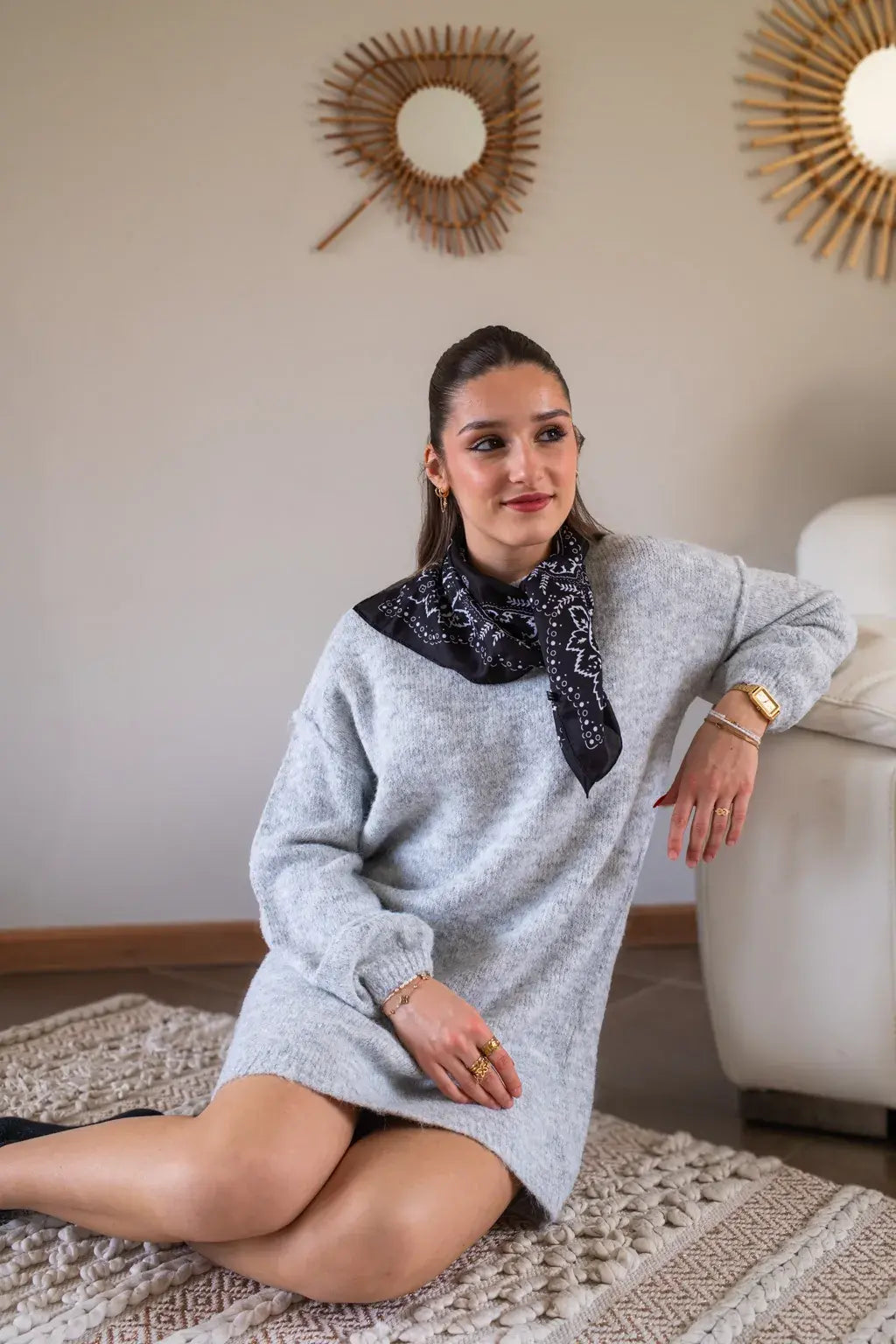 Robe pull Rachelle gris clair & son foulard