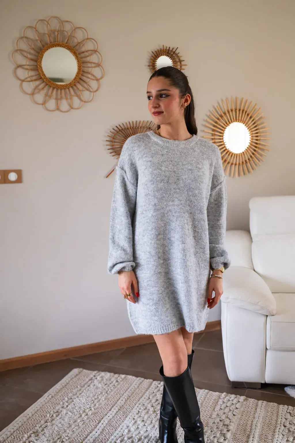 Robe pull Rachelle gris clair & son foulard