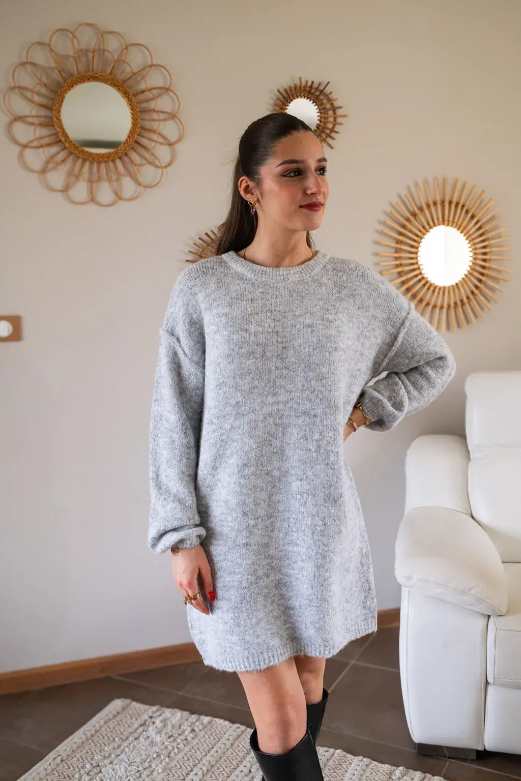 Robe pull Rachelle gris clair & son foulard