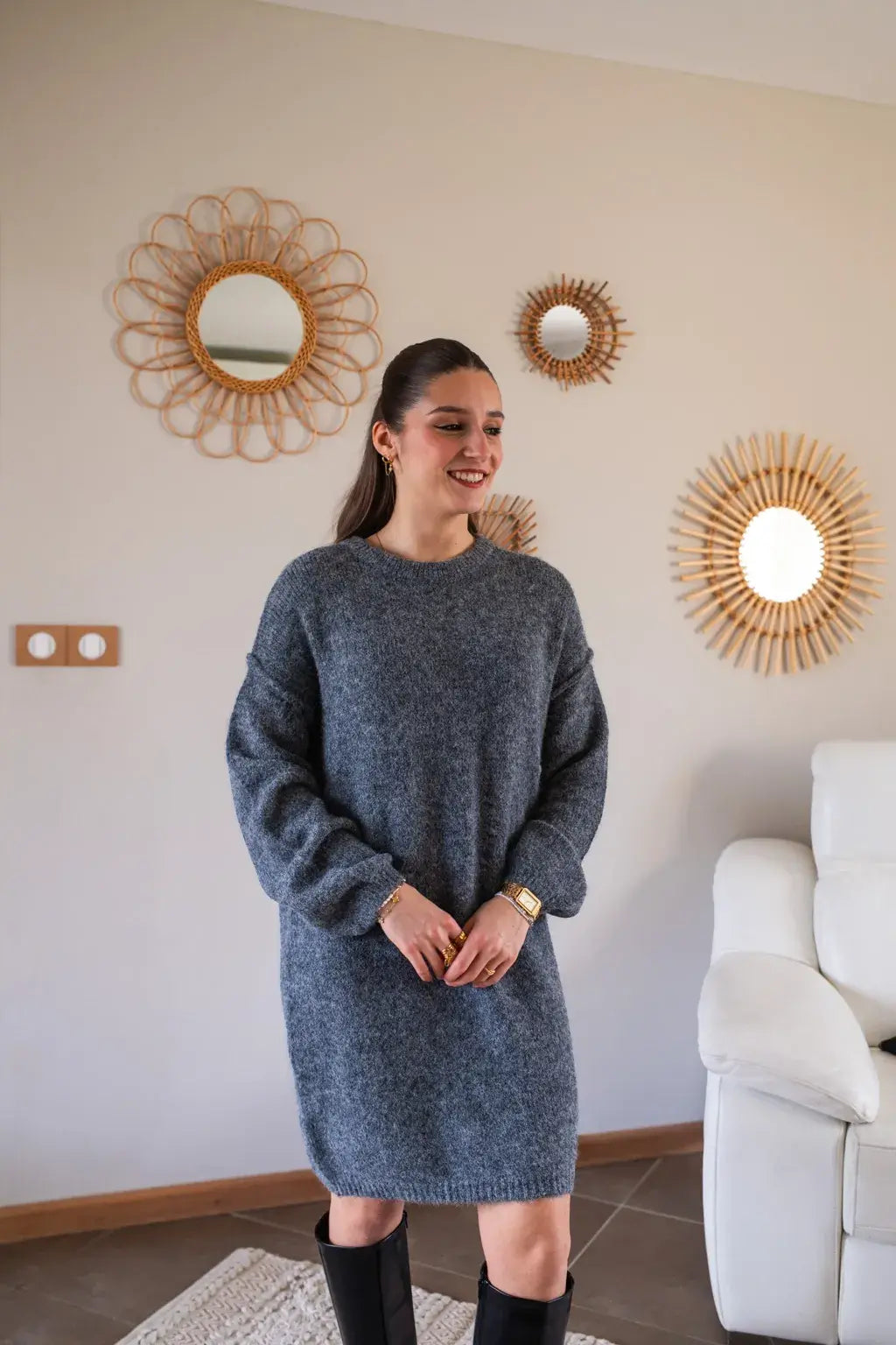 Robe pull Rachelle gris foncé & son foulard