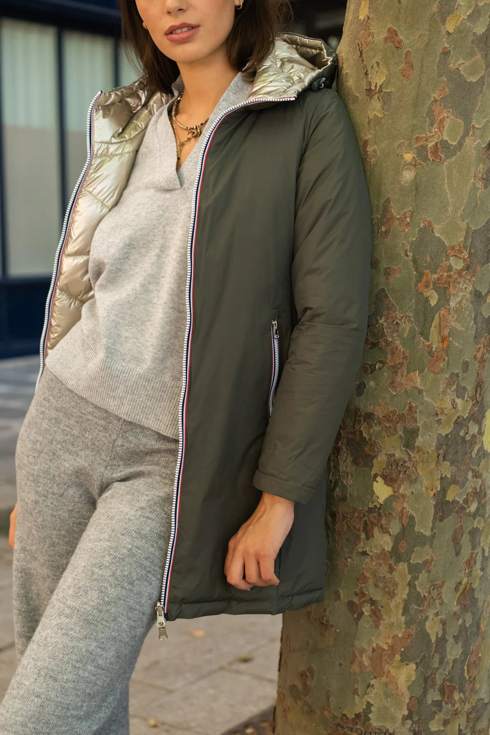 Doudoune réversible imperméable Laura Jo - Amélia kaki/dorée longue