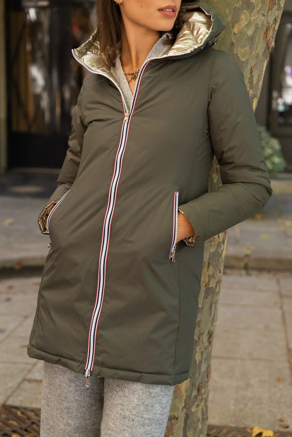 Doudoune réversible imperméable Laura Jo - Amélia kaki/dorée longue