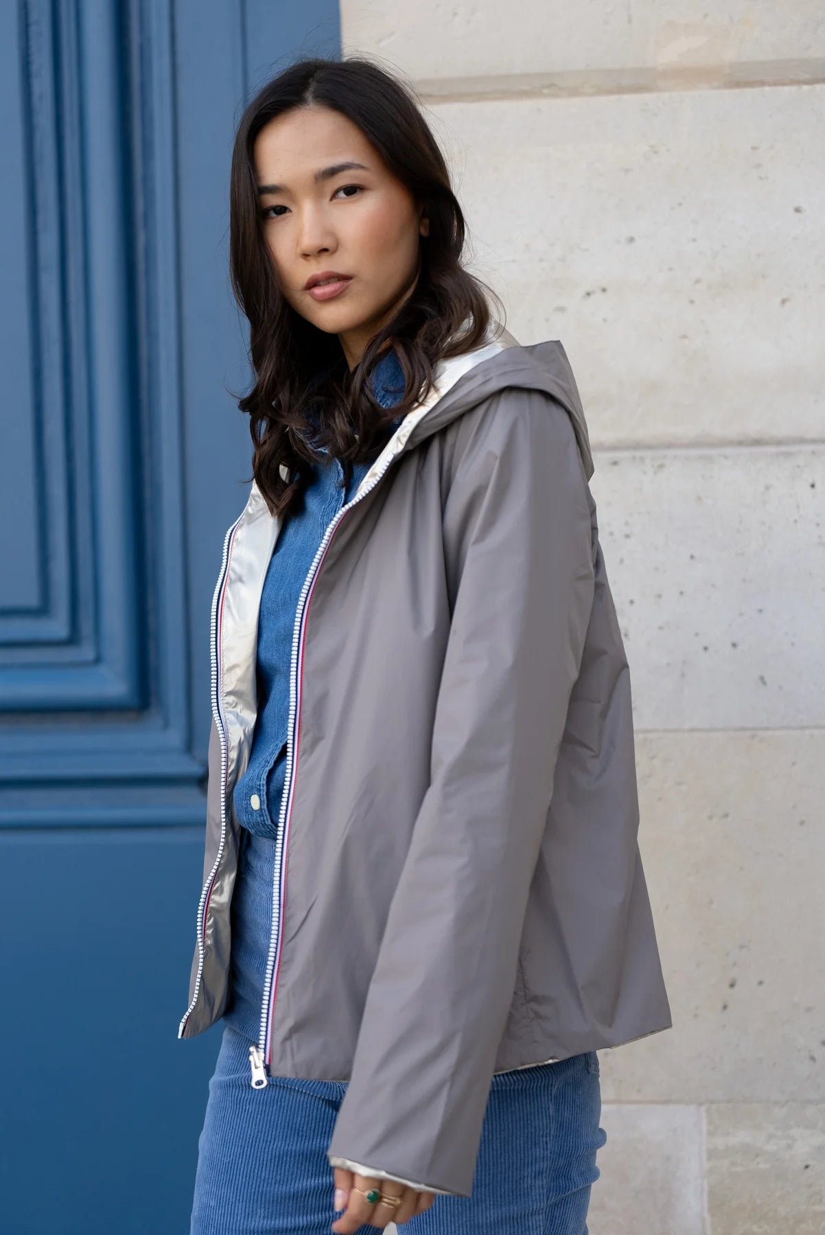Imperméable réversible Laura Jo taupe/doré- Elena courte