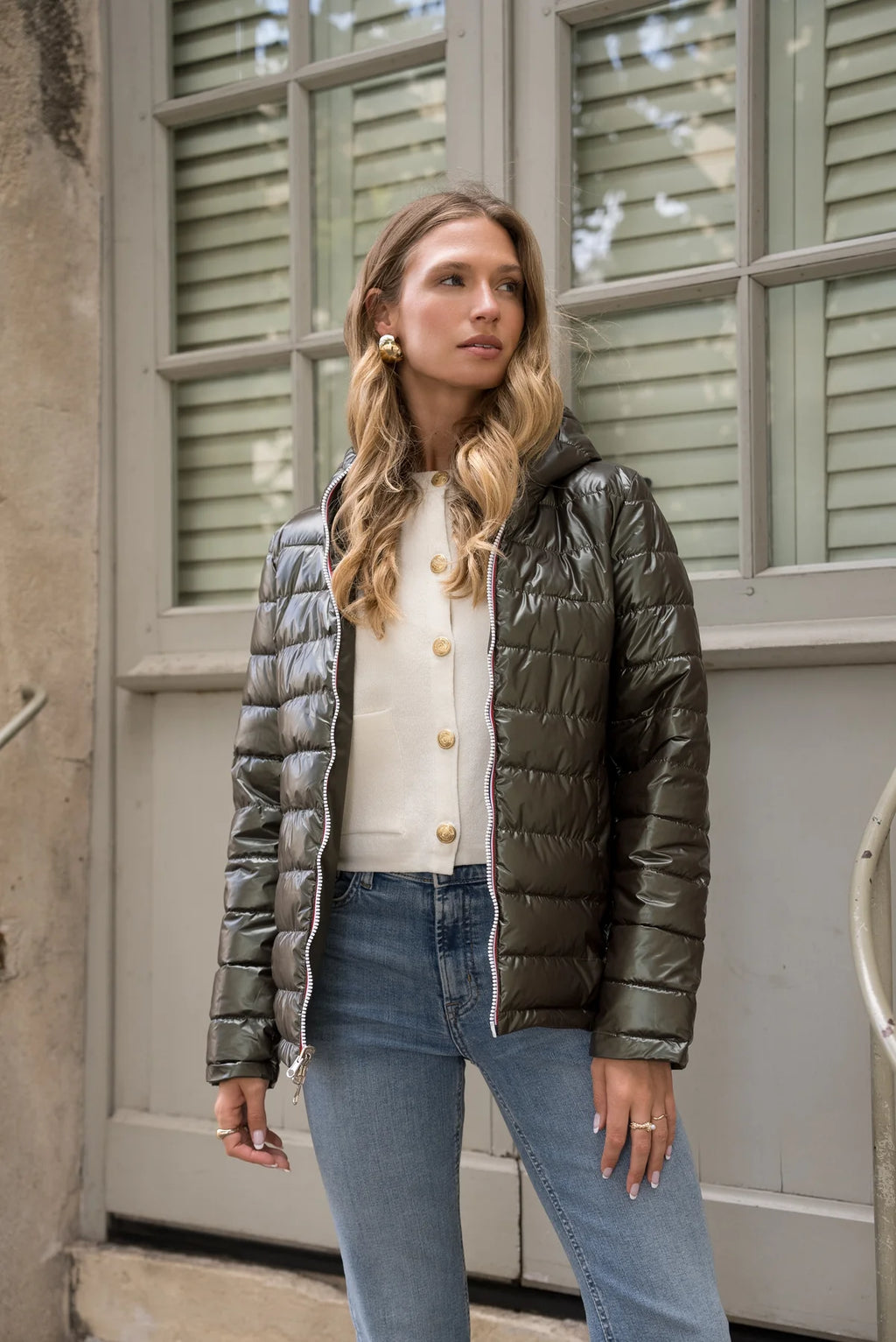 Doudoune réversible brillante Laura Jo - Ava kaki court - DÉSTOCKAGE taille XL