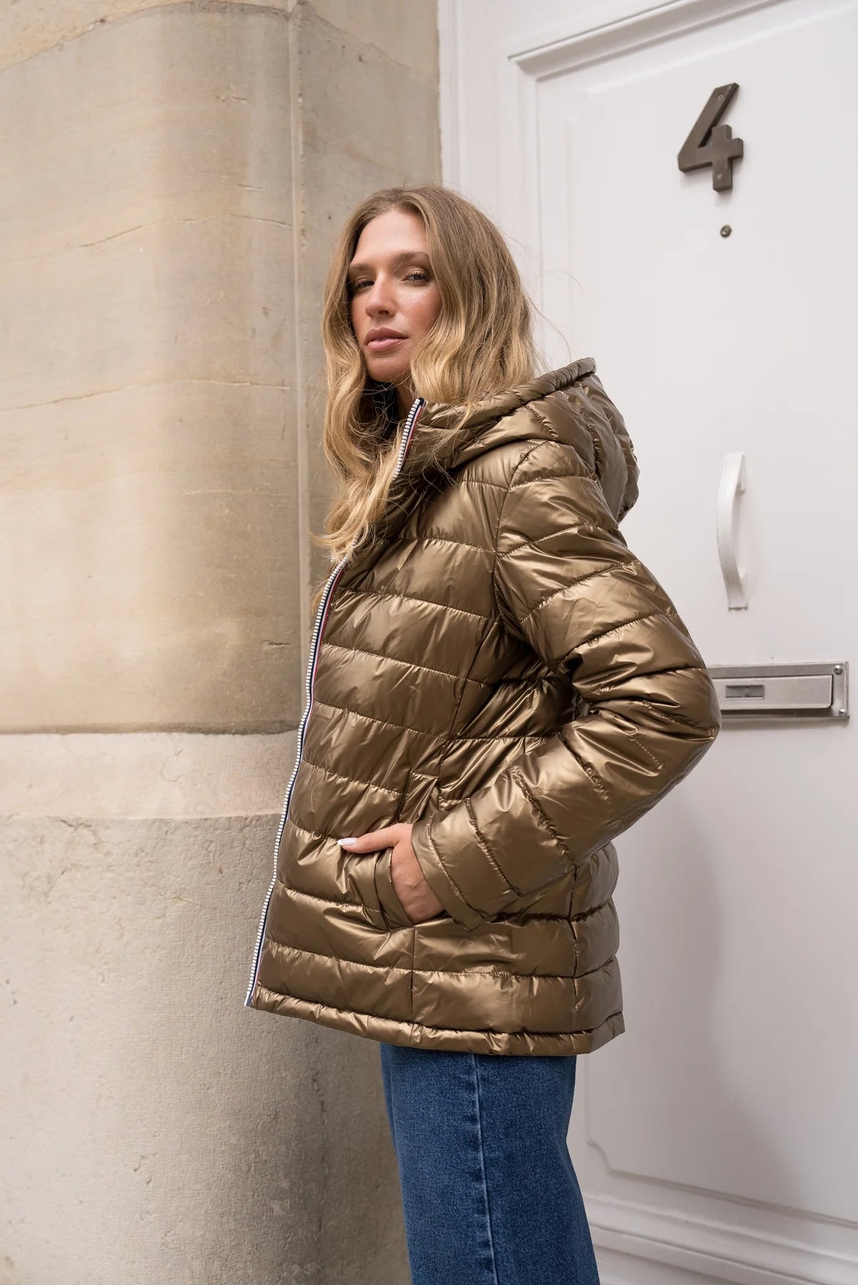 Doudoune réversible brillante Laura Jo - Ava camel court - DÉSTOCKAGE taille S et XL