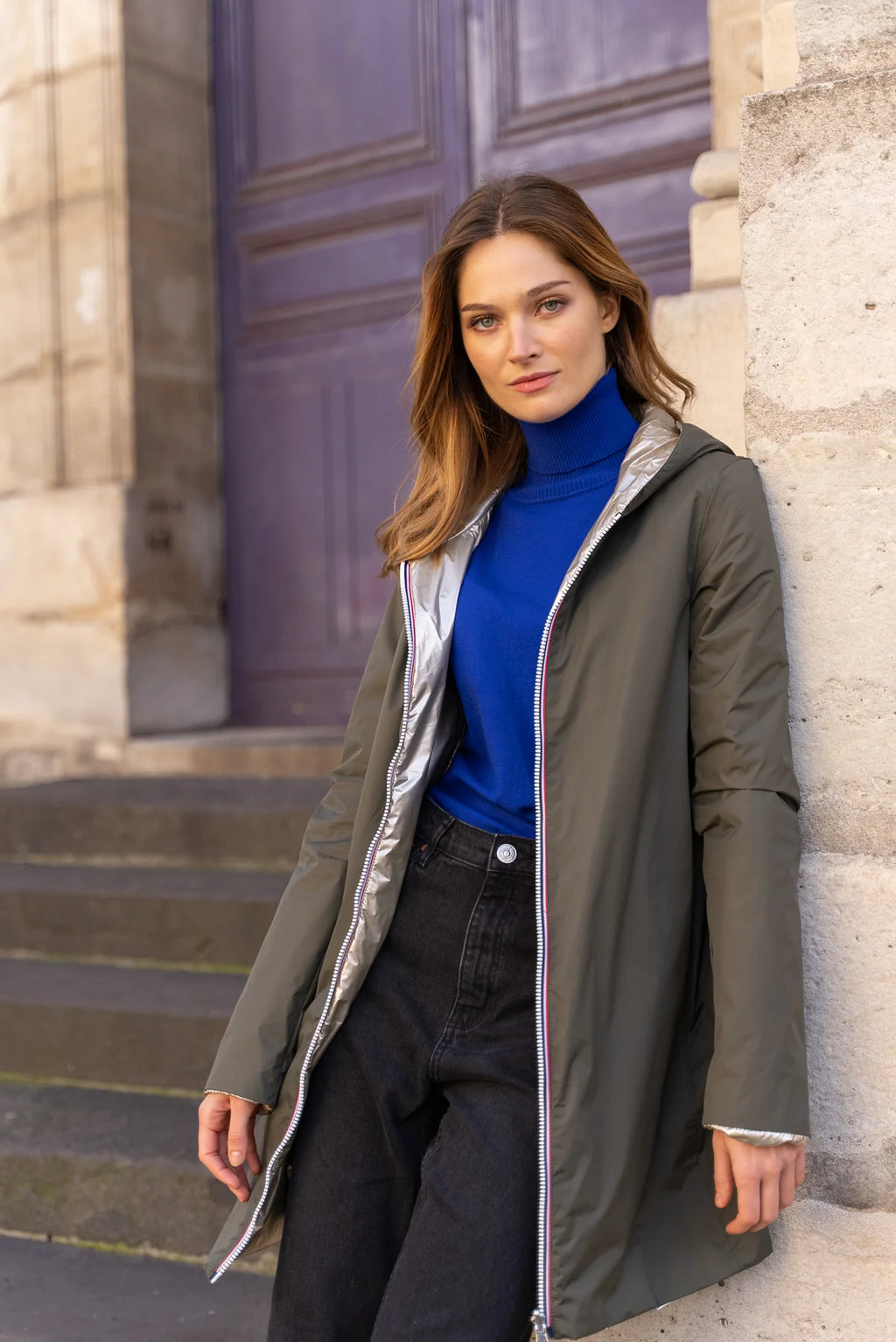 Imperméable rembourré mi-saison Laura Jo - Mandy long kaki/doré - DÉSTOCKAGE taille XL et 48