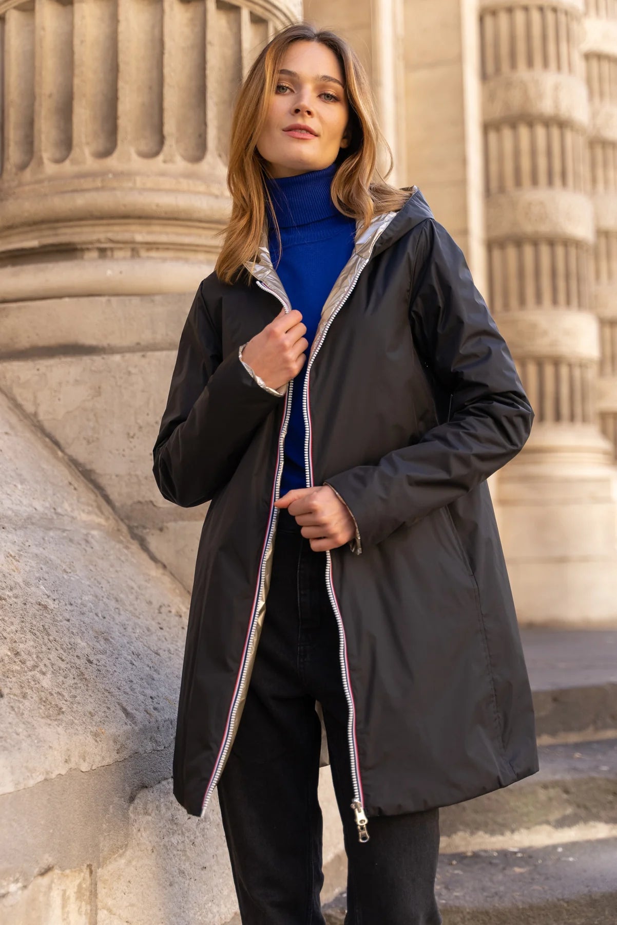 Imperméable rembourré mi-saison Laura Jo - Mandy long noir/doré - DÉSTOCKAGE taille S, XL et 46