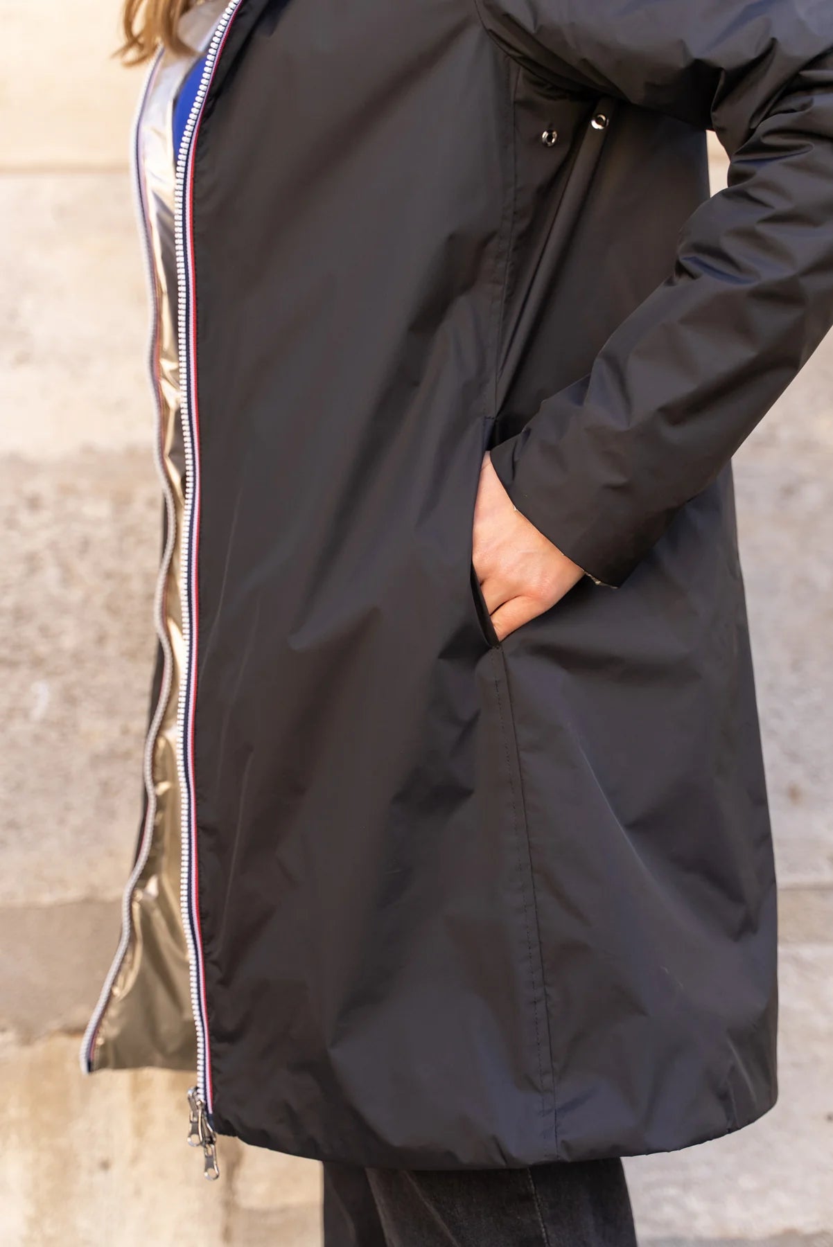 Imperméable rembourré mi-saison Laura Jo - Mandy long noir/doré - DÉSTOCKAGE taille S, XL et 46