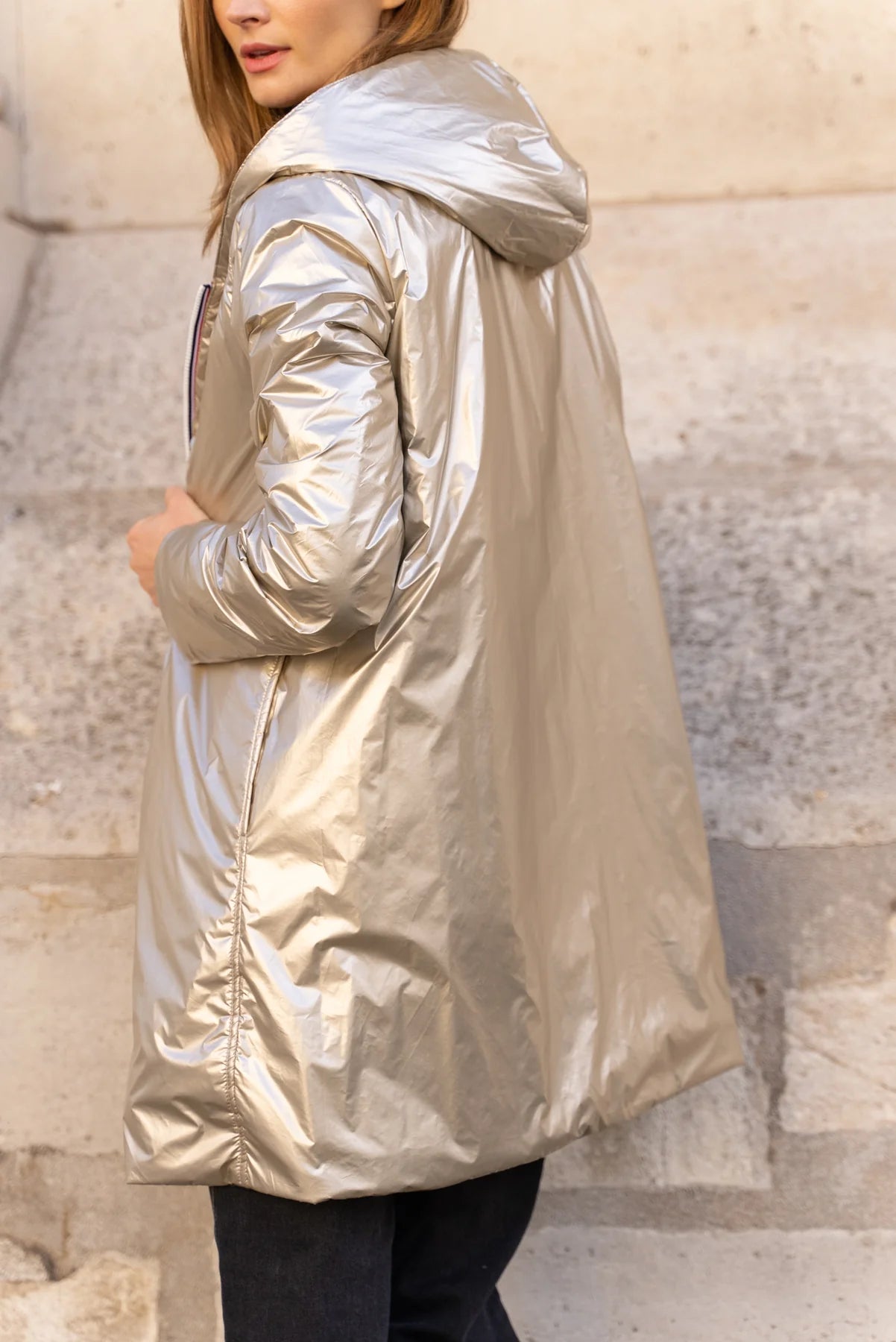 Imperméable rembourré mi-saison Laura Jo - Mandy long noir/doré - DÉSTOCKAGE taille S, XL et 46