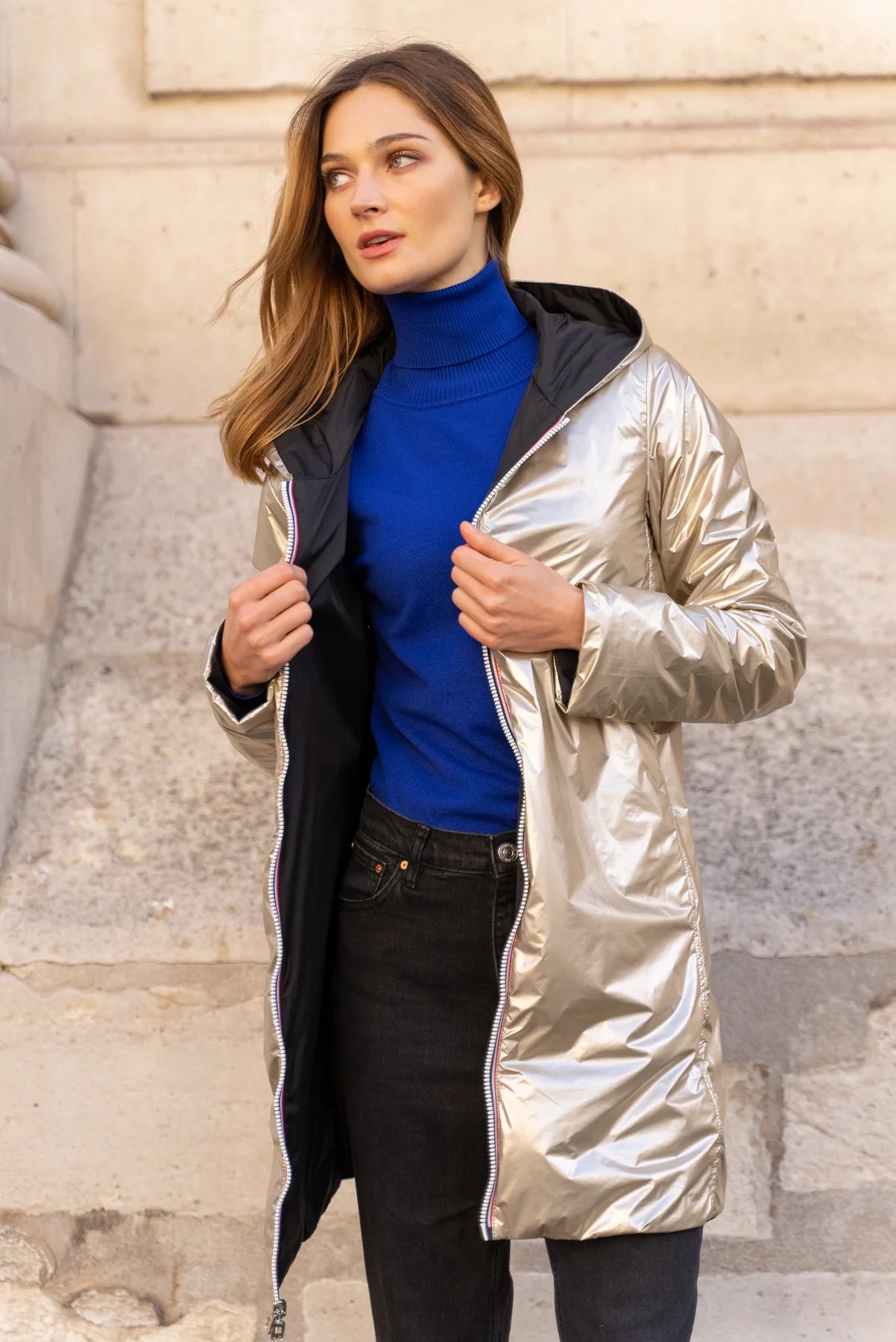 Imperméable rembourré mi-saison Laura Jo - Mandy long noir/doré - DÉSTOCKAGE taille S, XL et 46