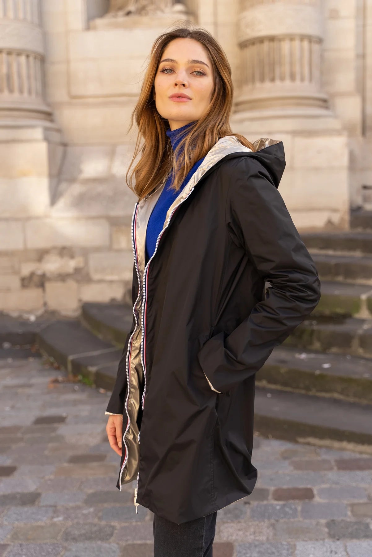 Imperméable réversible Laura Jo noire/dorée - Elena longue - DÉSTOCKAGE taille S, XL et 48