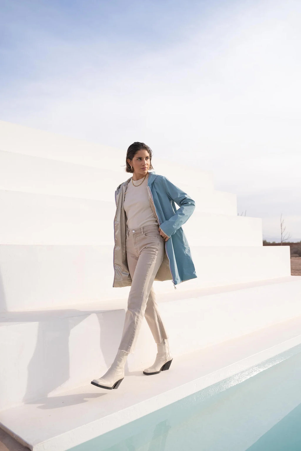 Imperméable réversible Laura Jo bleu ciel/dorée - Elena longue