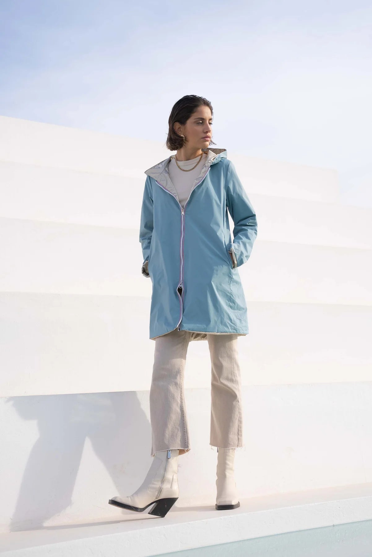 Imperméable réversible Laura Jo bleu ciel/dorée - Elena longue