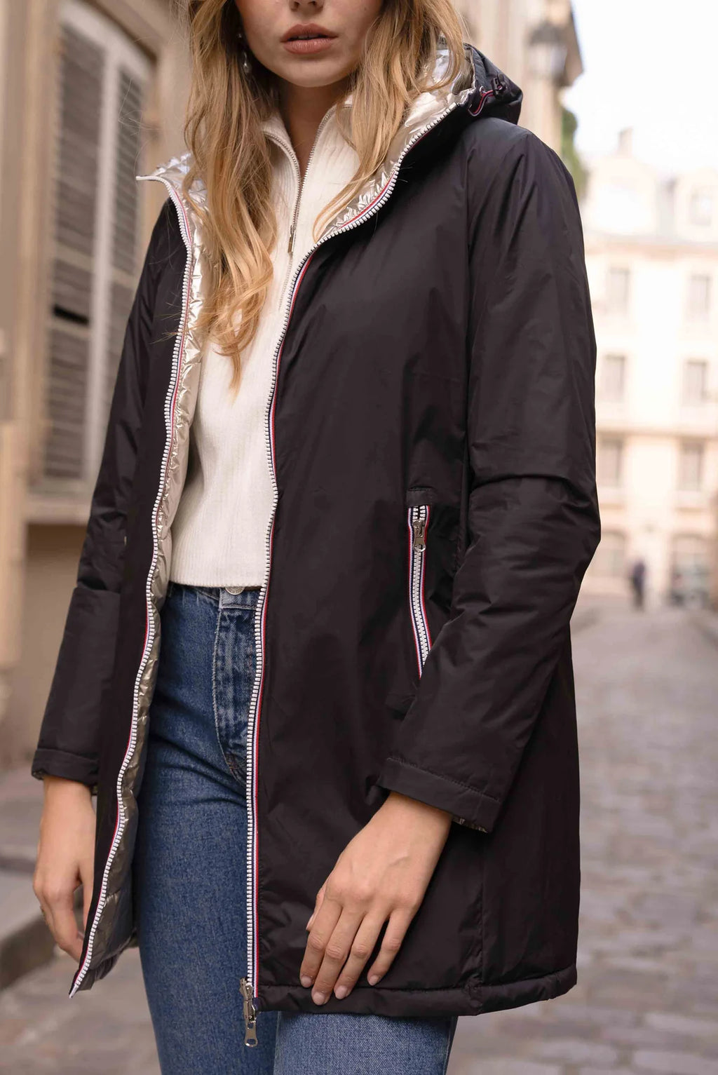 Doudoune réversible imperméable Laura Jo - Amélia noire/dorée longue