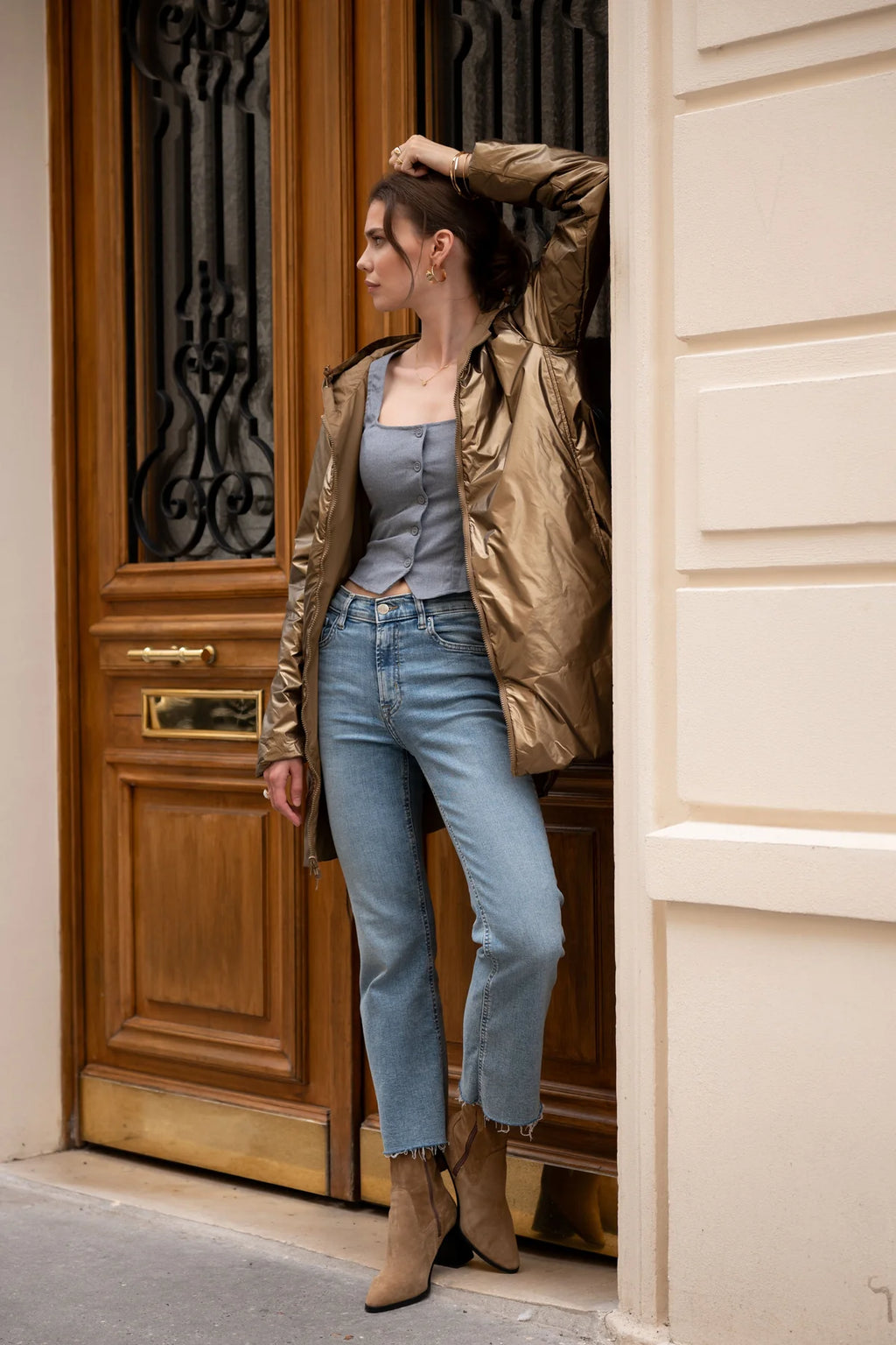 Imperméable rembourré mi-saison Laura Jo camel mat/brillant - Victoria long