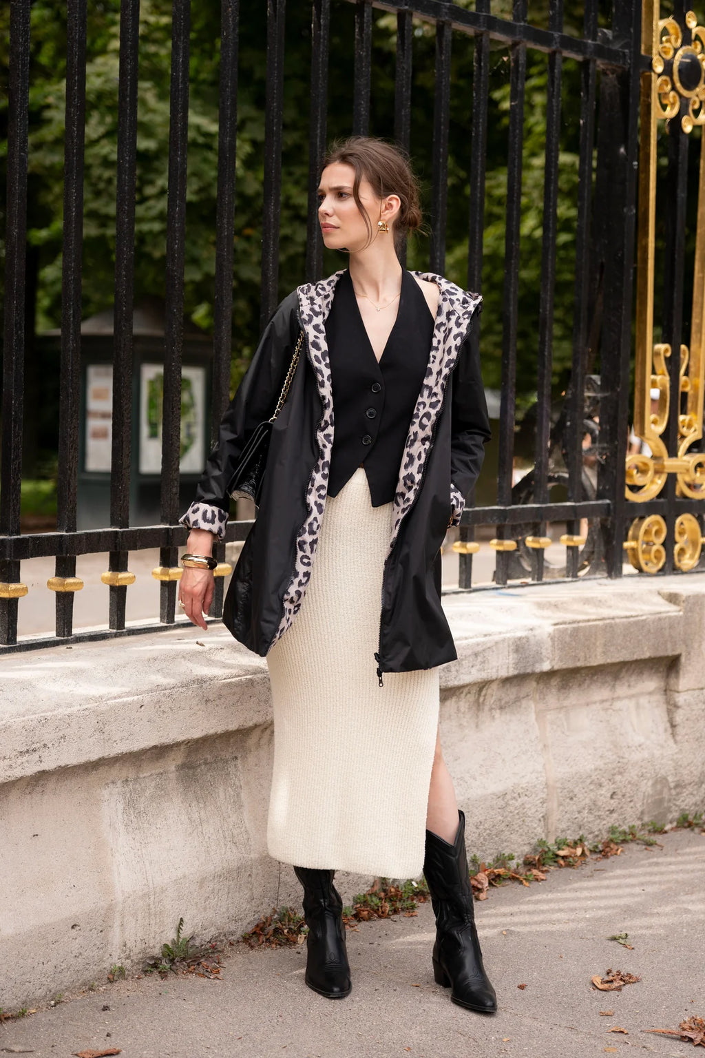Imperméable rembourré mi-saison Laura Jo noir mat/léopard- Victoria long