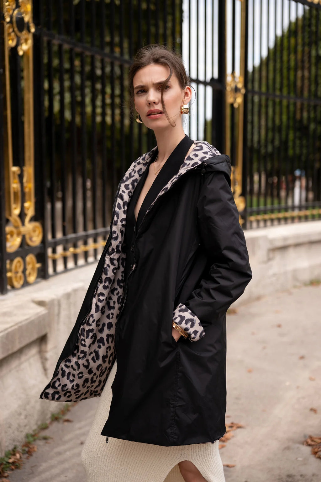 Imperméable rembourré mi-saison Laura Jo noir mat/léopard- Victoria long