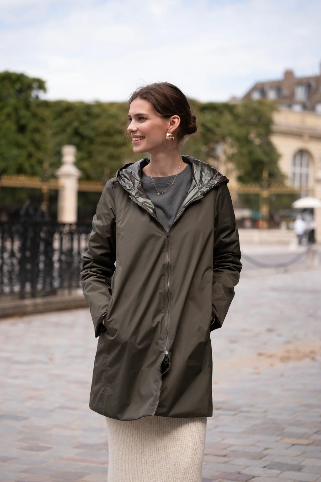 Imperméable rembourré mi-saison Laura Jo kaki mat/brillant - Victoria long - DÉSTOCKAGE taille XL