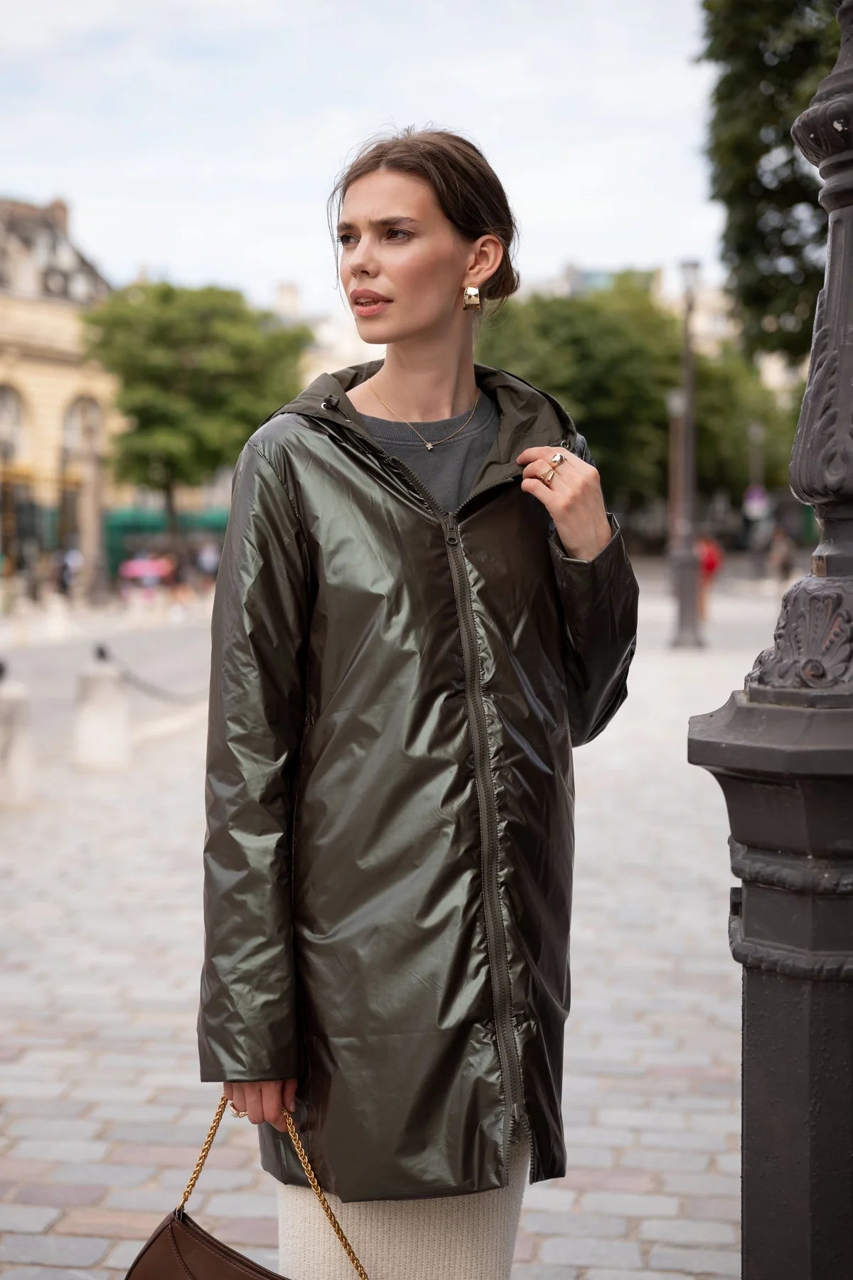 Imperméable rembourré mi-saison Laura Jo kaki mat/brillant - Victoria long - DÉSTOCKAGE taille XL
