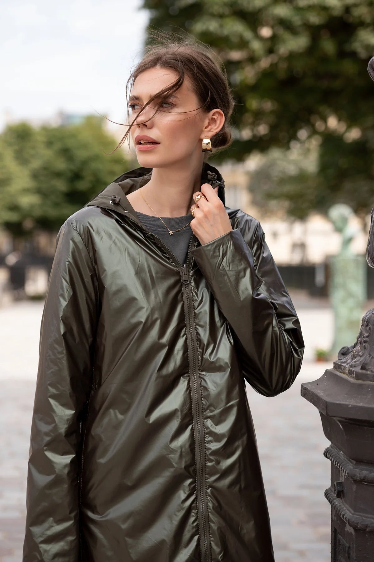 Imperméable rembourré mi-saison Laura Jo kaki mat/brillant - Victoria long - DÉSTOCKAGE taille XL