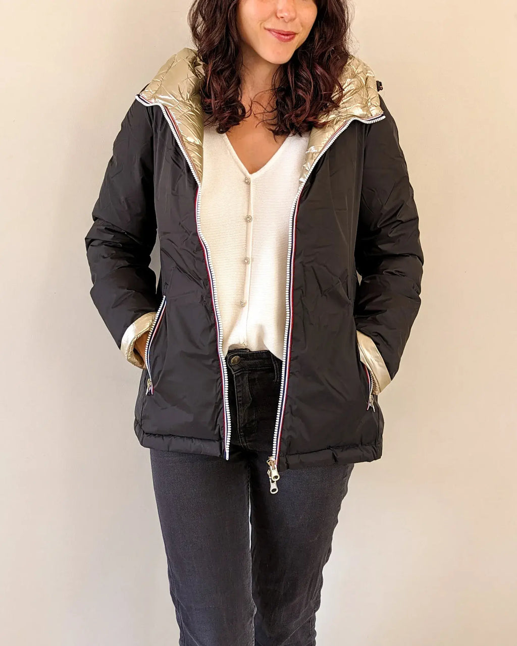 Doudoune réversible imperméable Laura Jo noire/dorée - Amélia courte - DÉSTOCKAGE taille XL