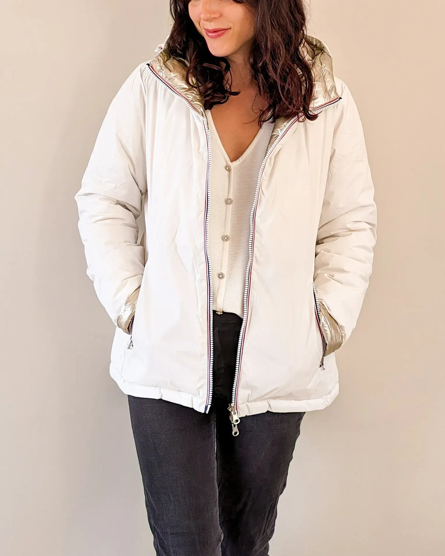 Doudoune réversible imperméable Laura Jo blanche/dorée - Amélia courte