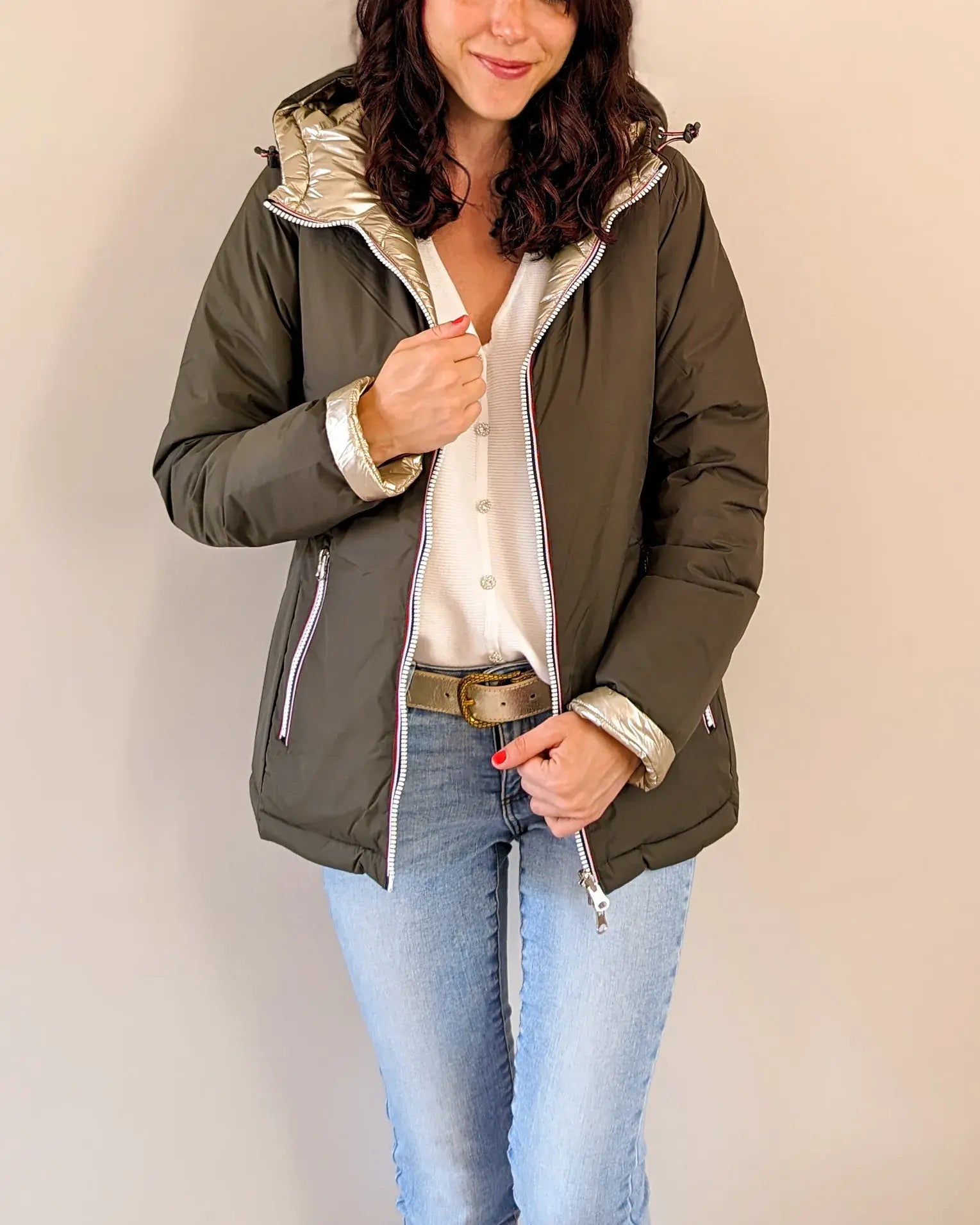 Doudoune réversible imperméable Laura Jo kaki/dorée -Amélia courte - DÉSTOCKAGE taille XL