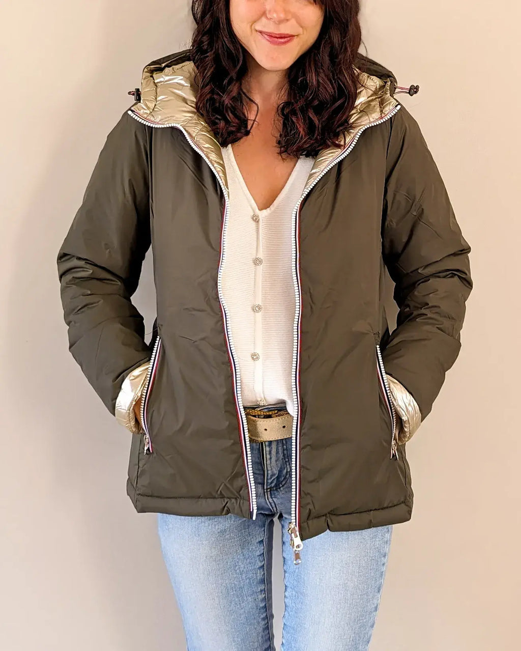 Doudoune réversible imperméable Laura Jo kaki/dorée -Amélia courte - DÉSTOCKAGE taille XL