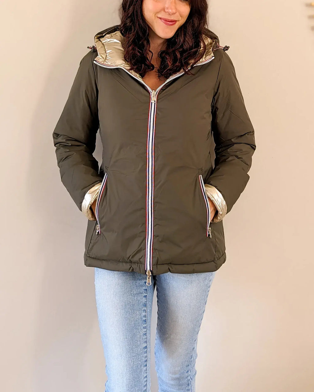 Doudoune réversible imperméable Laura Jo kaki/dorée -Amélia courte - DÉSTOCKAGE taille XL