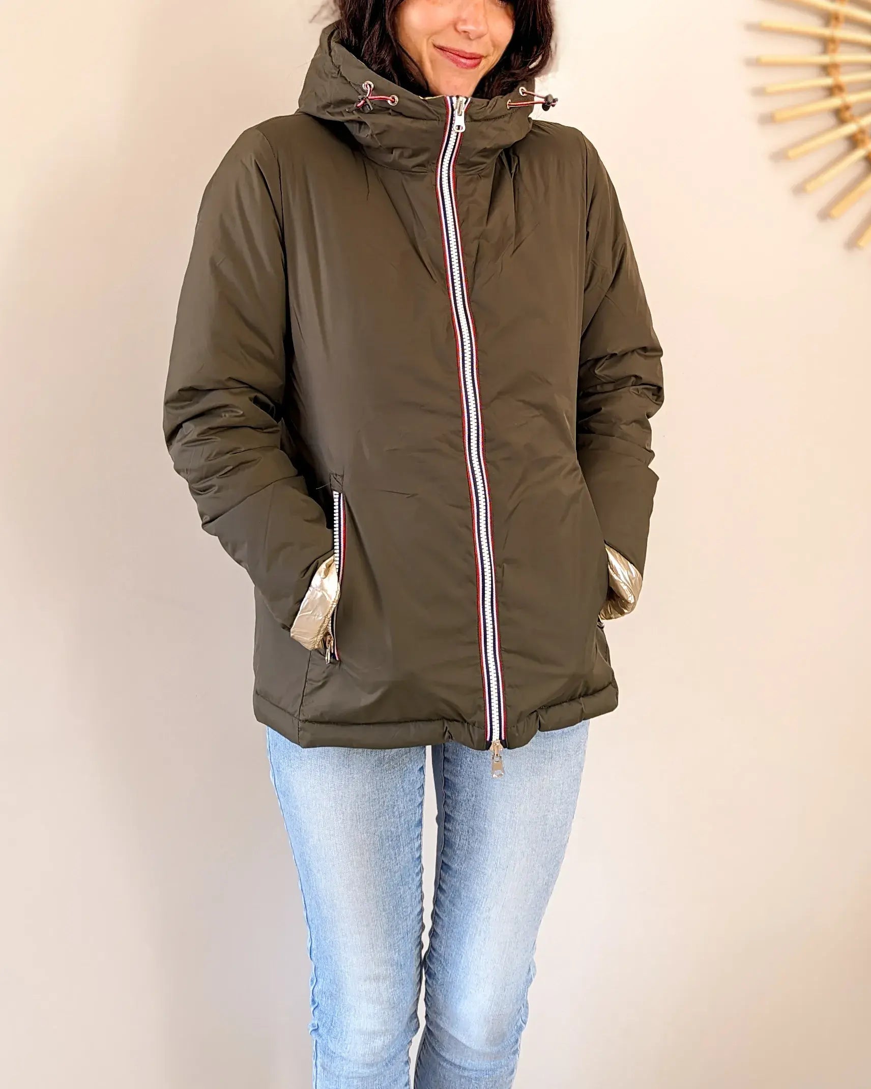 Doudoune réversible imperméable Laura Jo kaki/dorée -Amélia courte - DÉSTOCKAGE taille XL