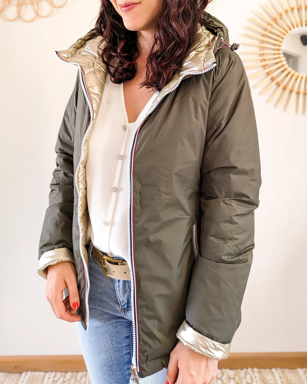 Doudoune réversible imperméable Laura Jo kaki/dorée -Amélia courte - DÉSTOCKAGE taille XL
