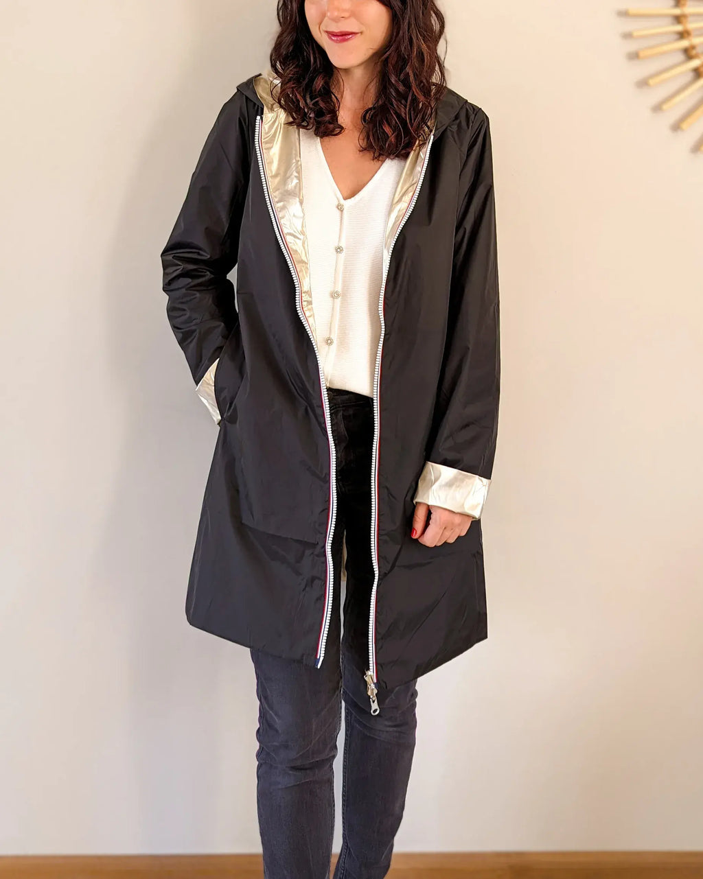 Imperméable réversible Laura Jo noire/dorée - Elena longue - DÉSTOCKAGE taille S, XL et 48