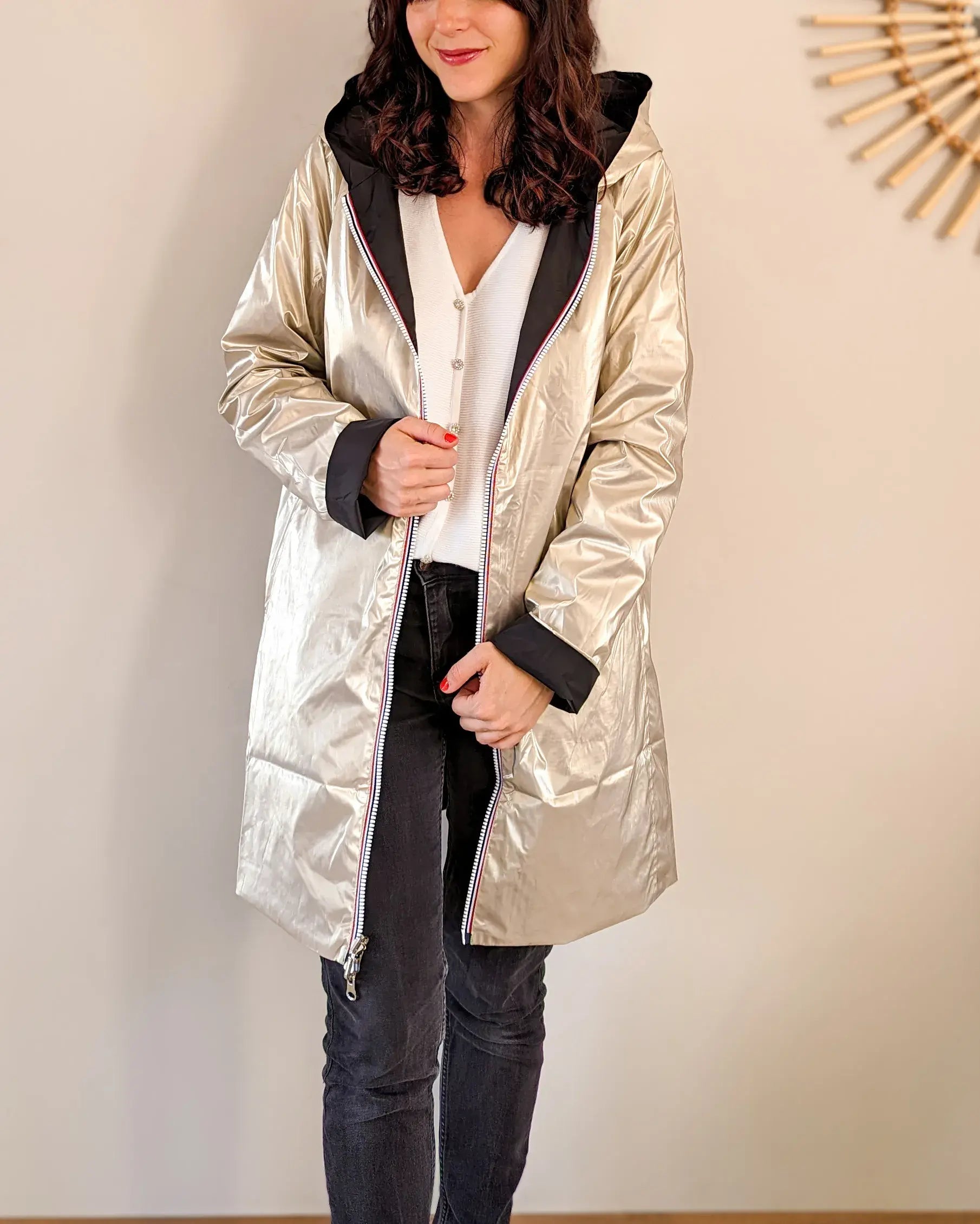 Imperméable réversible Laura Jo noire/dorée - Elena longue - DÉSTOCKAGE taille S, XL et 48
