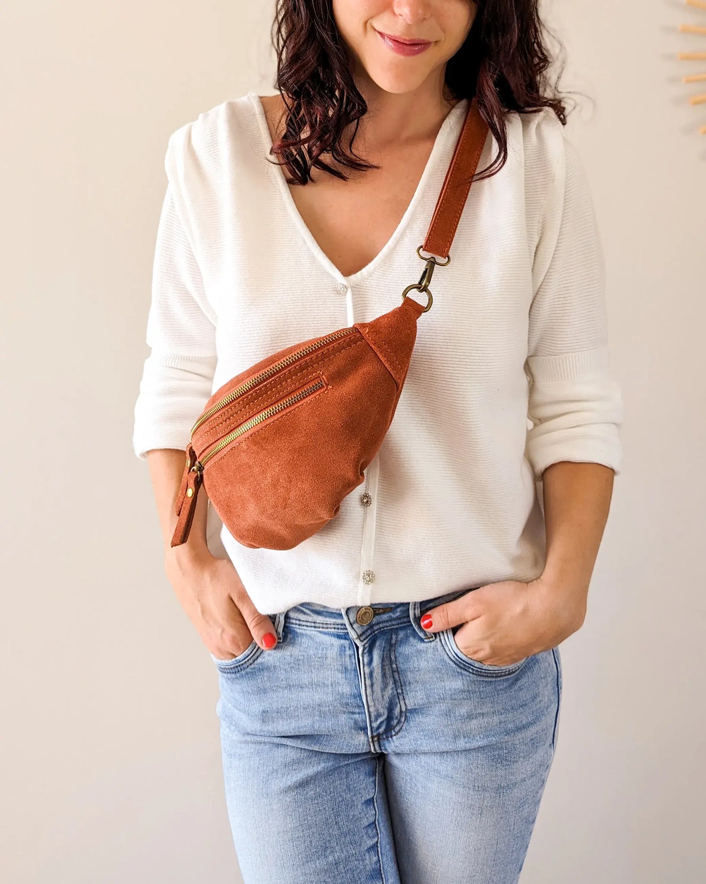Sac banane en cuir velours - Hunter terracotta