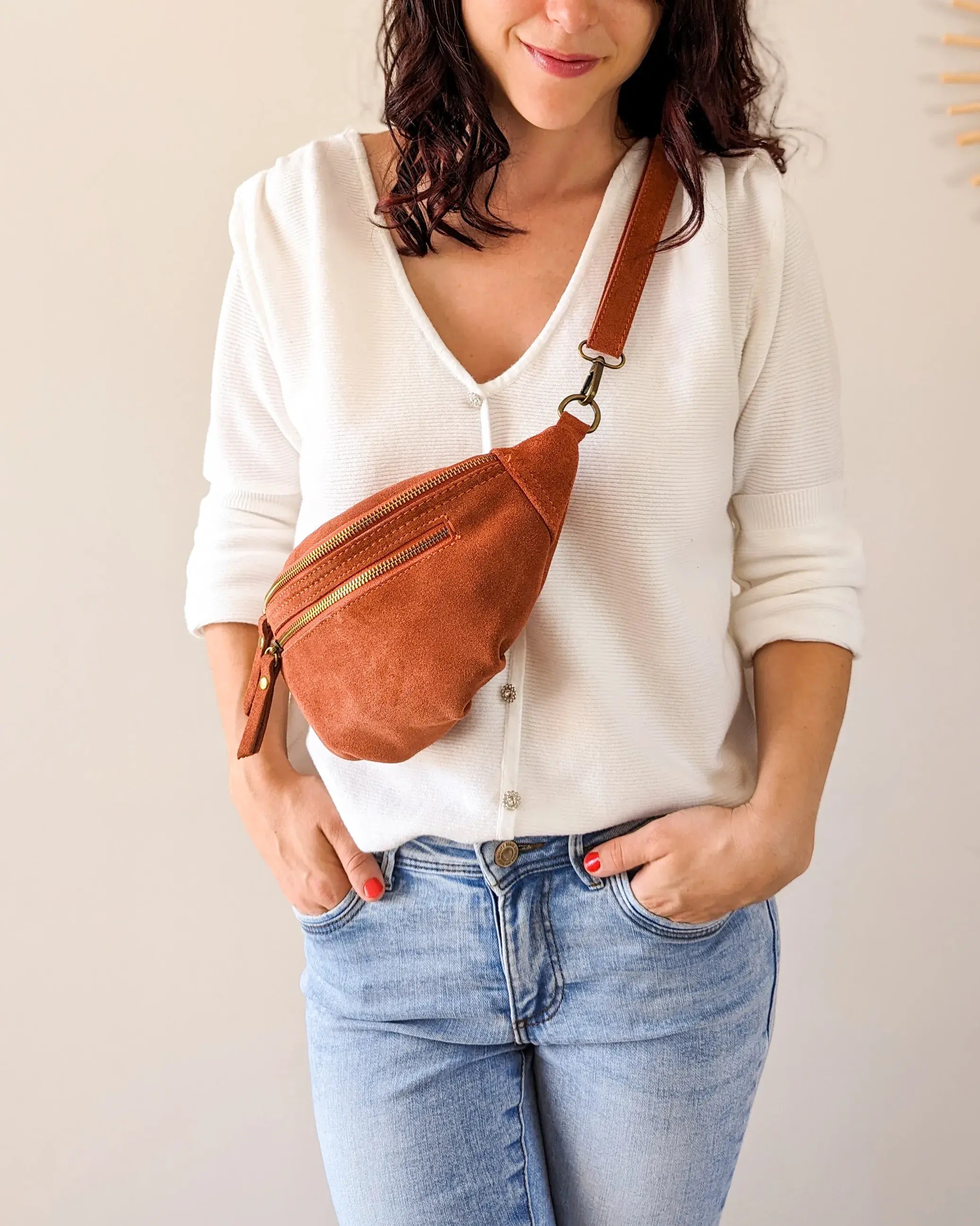Sac banane en cuir velours - Hunter terracotta