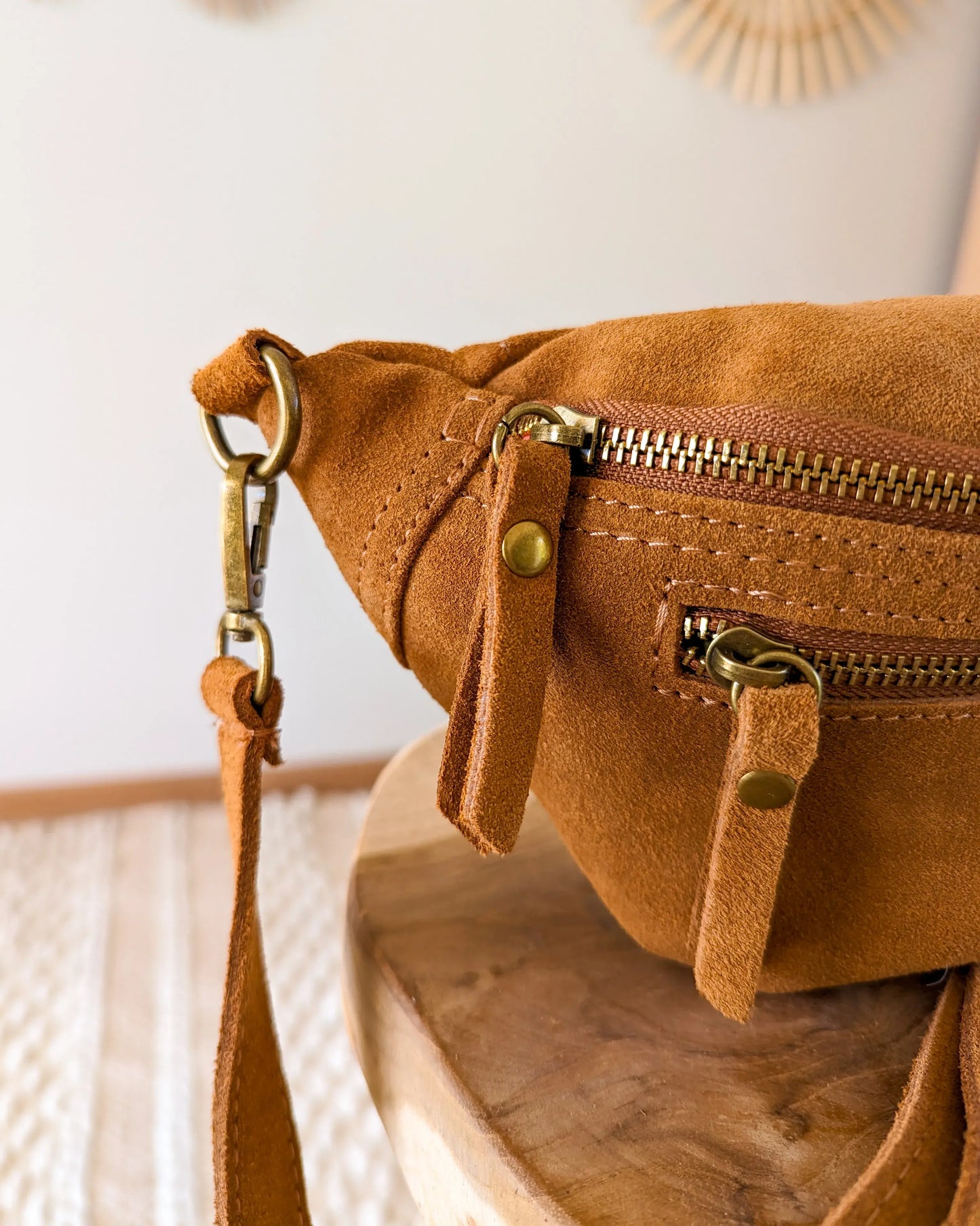 Sac banane en cuir velours - Hunter camel