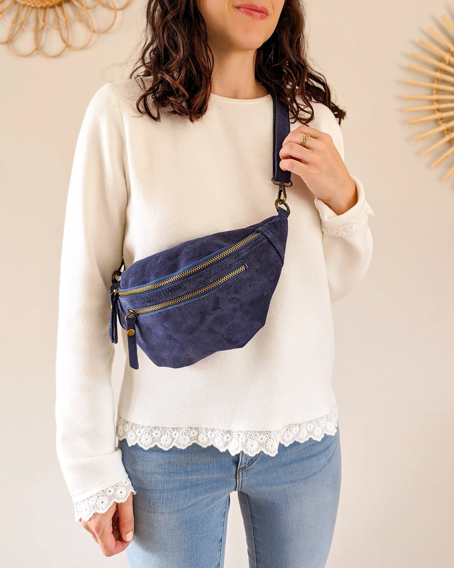 Sac banane en cuir velours - Hunter marine