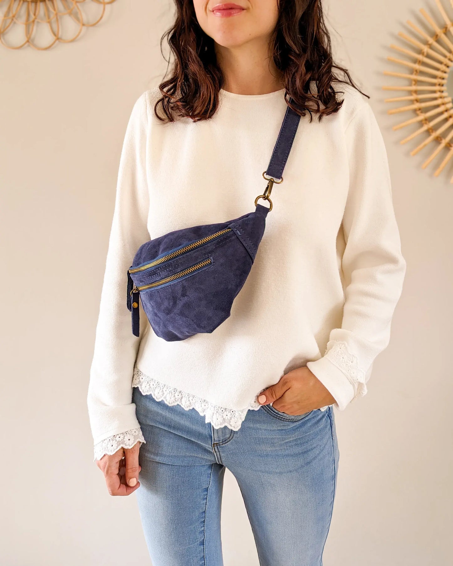 Sac banane en cuir velours - Hunter marine