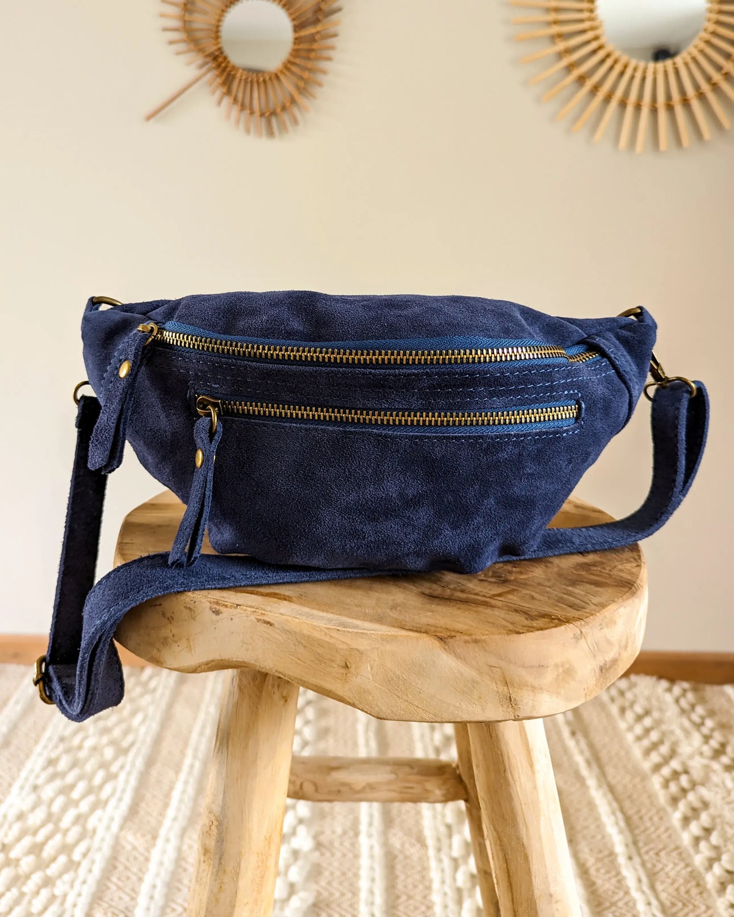 Sac banane en cuir velours - Hunter marine