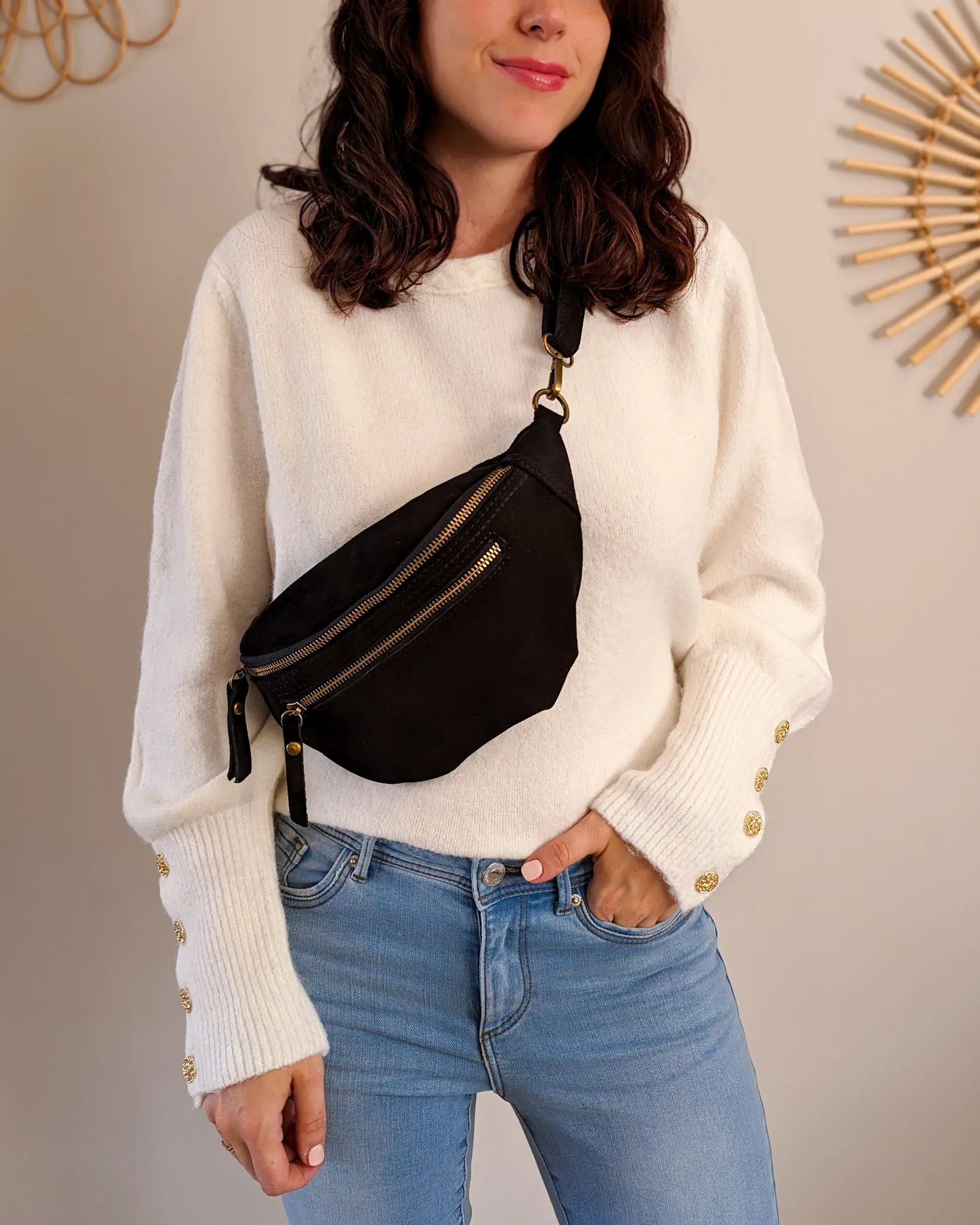 Sac banane en cuir velours - Hunter noir
